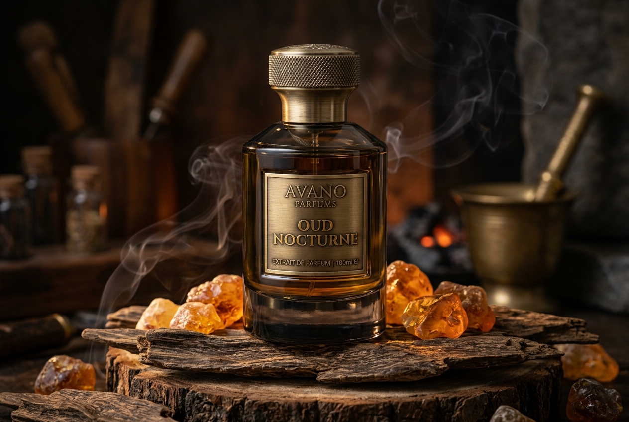 Avano Oud Nocturne Extrait Bottle on Raw Cambodian Agarwood Bark