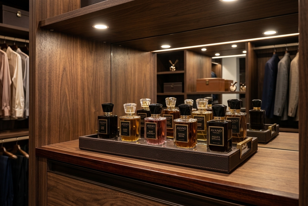 Avano Parfums Flacons Stored on Dark Walnut Wood Dressing Tray
