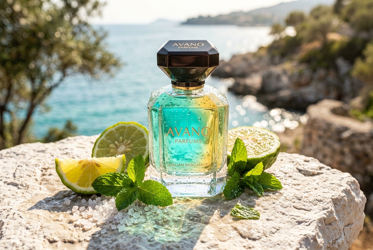 Avano Parfums Summer Fresh Bergamot Extrait Flacon with Water Droplets